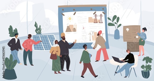 Vector cartoon flat characters-exhibitors and visitors at energy industry expo conference.Exhibition staff workers explain,show stands and presentations to rich arabic businessmen and other guests