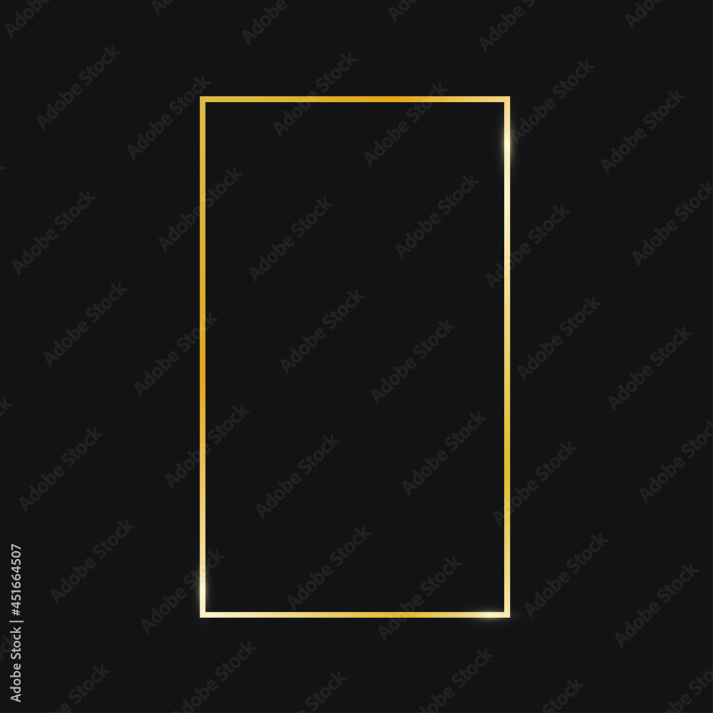 Golden vertical rectangle frame isolated on black background. Gold shiny frame. Luxury realistic rectangle border. Decorative element for branding, card, invitation, banner. Vector illustration