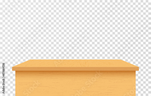 Empty wooden table. Rectangular shaped wood table on transparent background. Platform. Front view. Template design for presentation. Used at office, living room, class room. Vector illustration