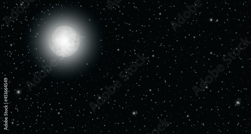 Bright moonlight on the starry sky. Realistic moonrise. Dark sky with moon glowing. Natural panoramic background with bright light halo. Panoramic view. Astronomical luminous objects. 3d vector