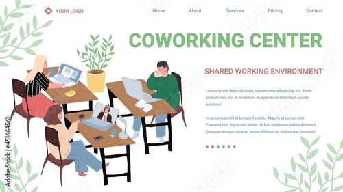 Vector cartoon flat characters performs work tasks.Successful employees business freelancers at working process-coworking center,professional workflow process,web site landing page concept