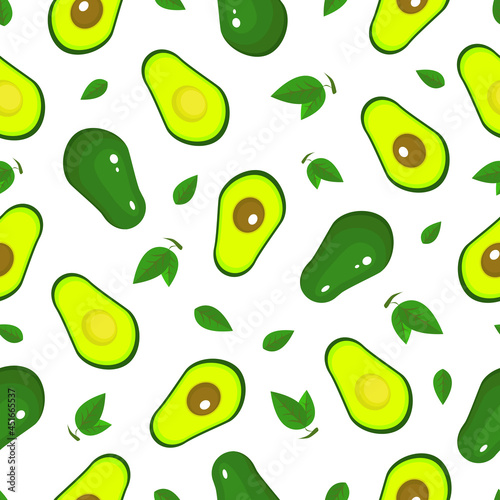 Avocado seamless pattern. Whole and cut avocado and leaves. Vector background for print design