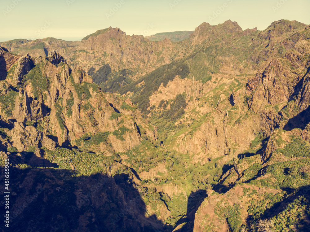 Aerial view of picturesque volcanic mountain landscape.