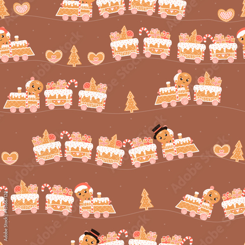 Seamless pattern with cookie train with christmas presents and tree and gingerbread man in cartoon style