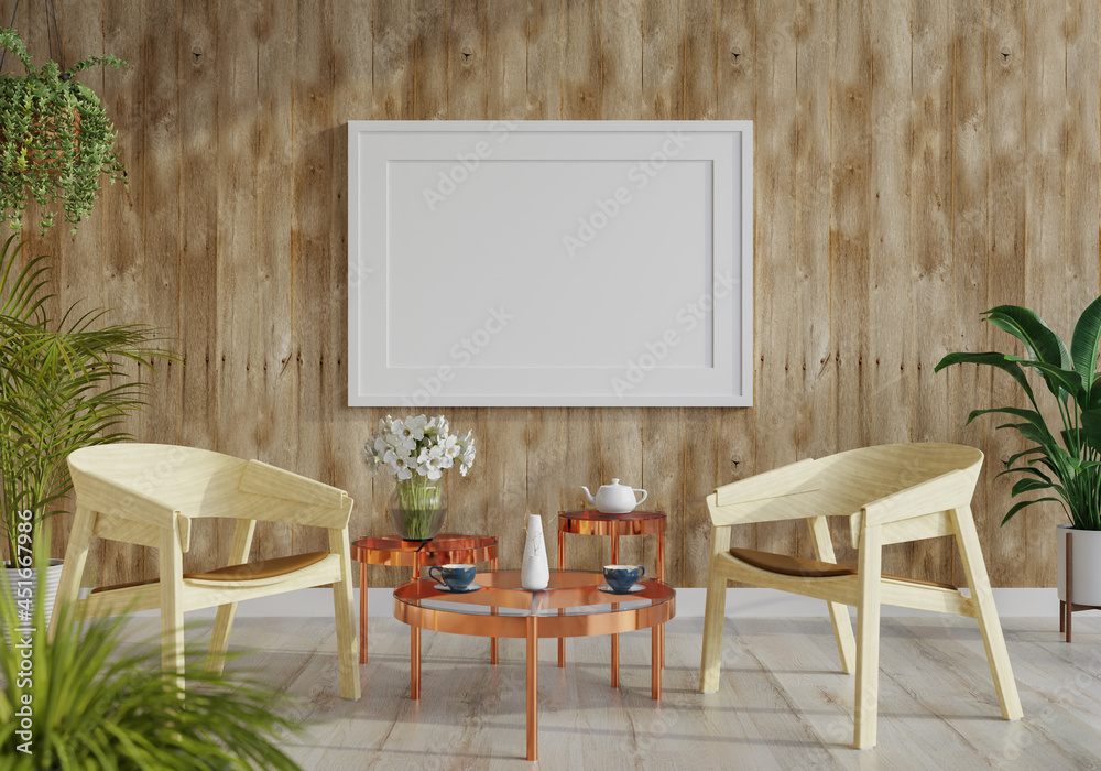 3D Mockup photo frame in Modern interior of living room 3D Mockup photo frame in Modern interior of living room