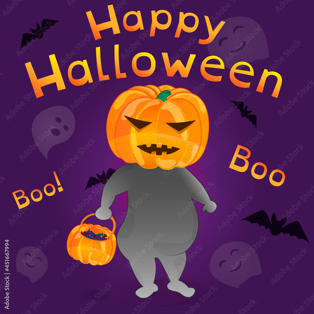 Happy Halloween banner with cute pumpkin, ghost and bat. invitation card to celebrate party in halloween night. background Happy Halloween banner with cute pumpkin, ghost and bat. invitation card to celebrate party in halloween night. background