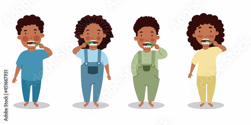 Black boys and girls brush their teeth. Children are hygiene. A child with a toothbrush. Vector illustration in a flat style