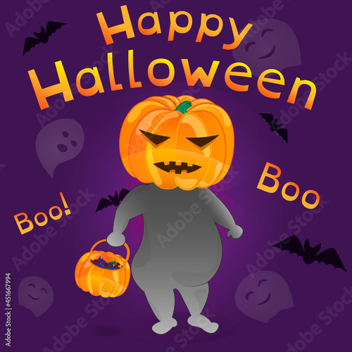 Happy Halloween banner with cute pumpkin  ghost and bat. invitation card to celebrate party in halloween night. background