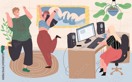 Vector cartoon flat characters friends in happy positive mood at home party.Young people enjoys life,rejoice,dance-emotions,friendship concept.Web online banner ad,social media stories design