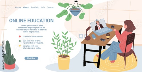 Vector cartoon flat woman character taking online educational class.Cute girl listens to teacher by video conference communication,studies web course at home.Landing page web site concept template