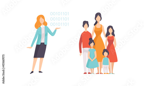 Strong Woman with Binary Key and Standing with Children Vector Set