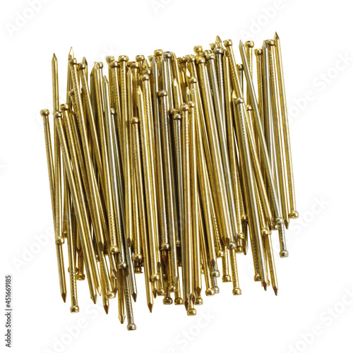 Brass decorative nails isolated on white