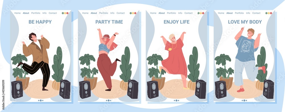 Obraz premium Set of vector cartoon flat characters in happy positive mood.Young people enjoys life,rejoice,dance,jumping happily-emotions,friendship concept.Landing page,web banner ad,social media stories design