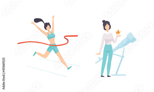 Strong Woman Winning Marathon and Engaged in Astronomy Watching Stars with Telescope Vector Set
