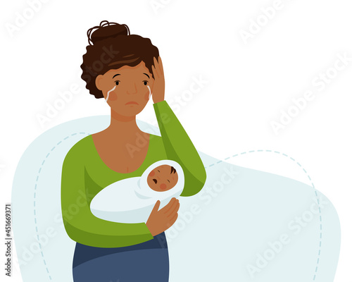 Postpartum depression. African woman is crying and holding a crying baby. Maternity crisis. 
