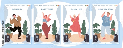 Set of vector cartoon flat characters in happy positive mood.Young people enjoys life,rejoice,dance,jumping happily-emotions,friendship concept.Landing page,web banner ad,social media stories design