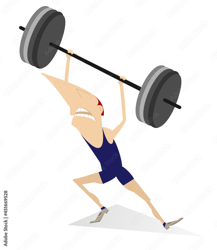 Naklejka premium Cartoon man weightlifter isolated illustration. Funny strong man is trying to lift a heavy weight isolated on white 