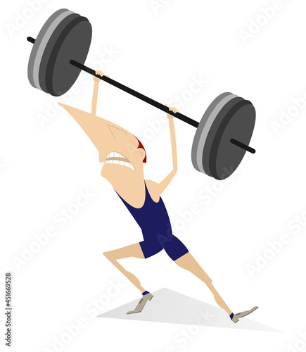Cartoon man weightlifter isolated illustration. Funny strong man is trying to lift a heavy weight isolated on white 
