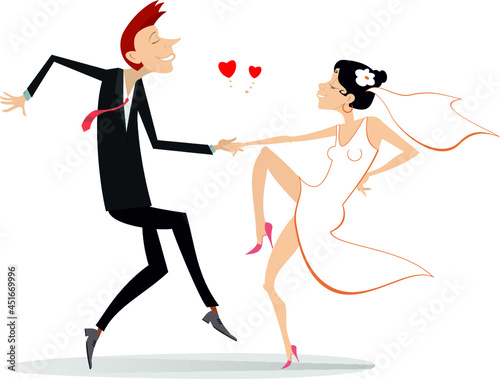 Dancing married wedding couple illustration. 
Heart symbol and dancing happy man and woman in the white dress and wedding veil isolated on white
