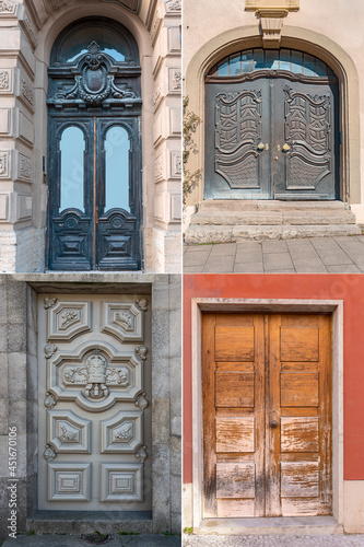 four wooden doors with a beautiful decorative finish in the historical part of various European cities