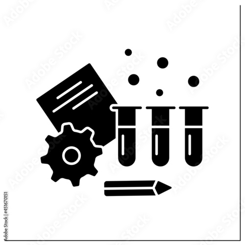 Testing glyph icon. Pre-production testing. Examination qualitative and safety. Analysis. Business idea concept. Filled flat sign. Isolated silhouette vector illustration
