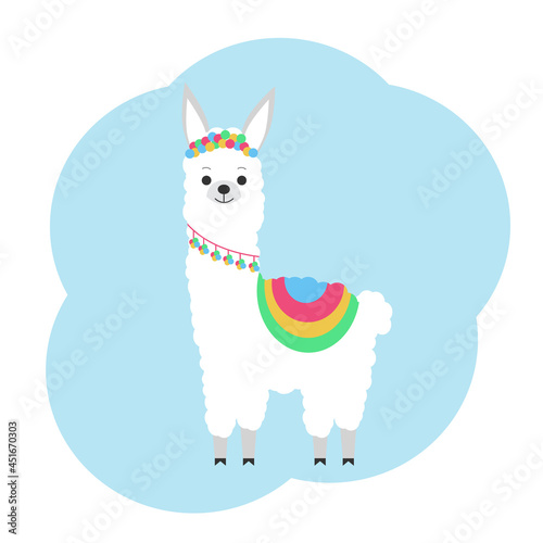 Illustration of a cute llama in colored ornaments. Holiday postcard