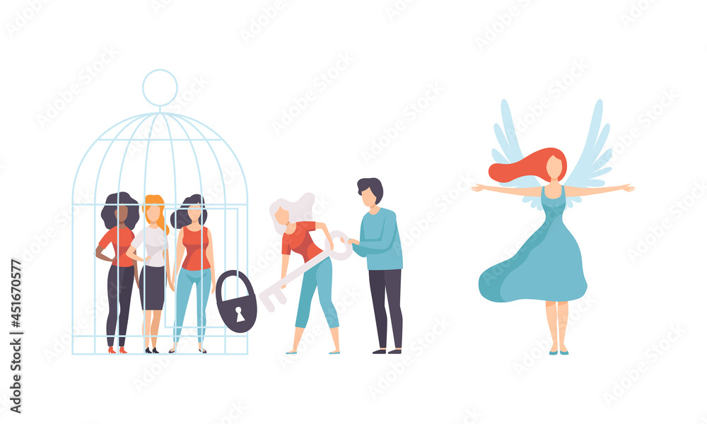Fototapeta premium Woman Opening Cage with Key and Having Wings as Gender Equity Vector Set