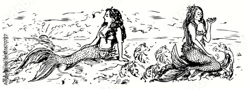 Mermaids sitting on rock and looking on ocean landscape with sunset. Ink black and white doodle drawing in woodcut style illustration