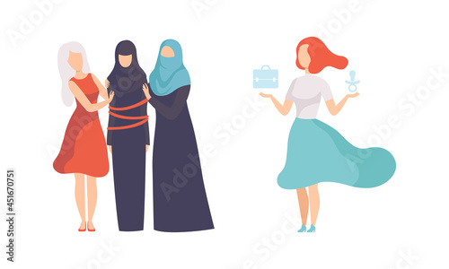 Muslim Woman Tied with Rope Having Support and Choosing Between Career and Parenting as Gender Equity Vector Set