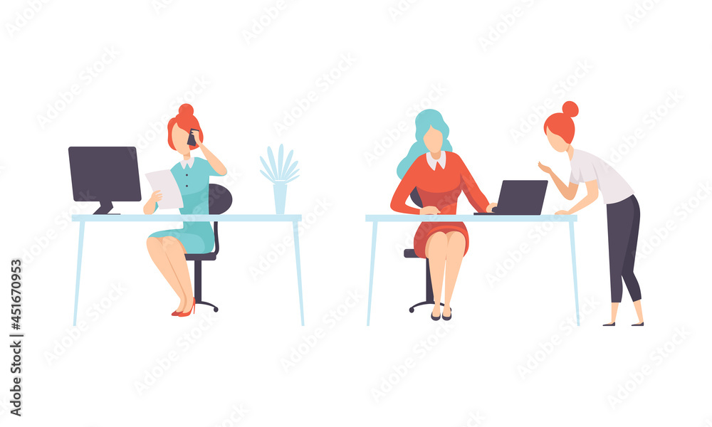Obraz premium Work and Career with Woman at Office Desk Speaking by Phone and Working with Documents Vector Set