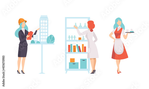 Work and Career with Woman Architect Showing Model and Waitress Serving Guest Vector Set