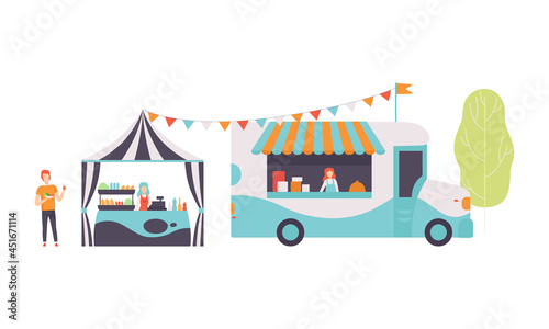 Amusement Park Kiosk and Tent with Woman at Counter Selling Food and Snack Vector Set