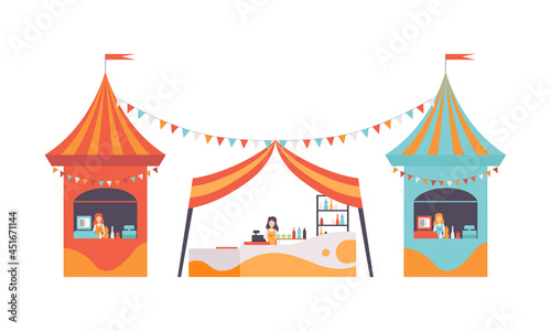 Amusement Park Kiosk and Tent with Woman at Counter Selling Food and Snack Vector Set