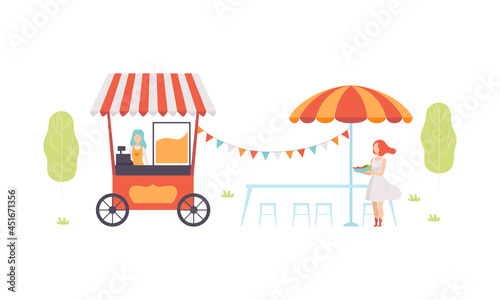Amusement Park Kiosk and Tent with Woman at Counter Selling Food and Snack Vector Set