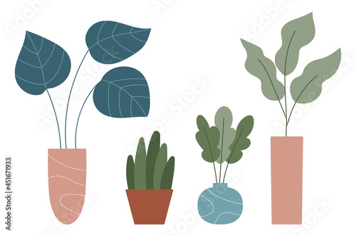 Hand drawn doodle houseplants in pots and vases. Set collection. Trendy hugge style. Plants in flower pots. Home decor. Vector illustration.
