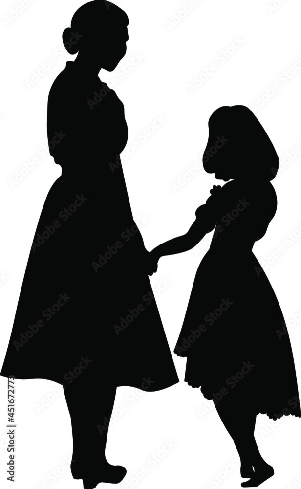 mother and daughter holding hands, silhouette