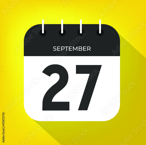 September day 27. Number twenty-seven on a white paper with black color border on a yellow background vector.