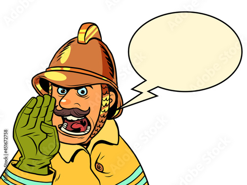 Retro fireman yells about a fire. Danger and rescuers