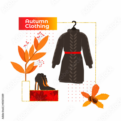 Vector illustration with a set of warm, knitted clothes and women s shoes on the background of abstract figures and autumn leaves, branches. Concept seasonal clothing, shoes, accessories.
