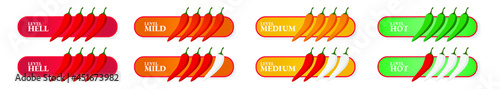 Spicy hot chili pepper icons set with flame and rating of spicy Mild, medium hot and extra hot level of pepper sauce or snack food Chili pepper or chile habanero and jalapeno level Hot pepper sign