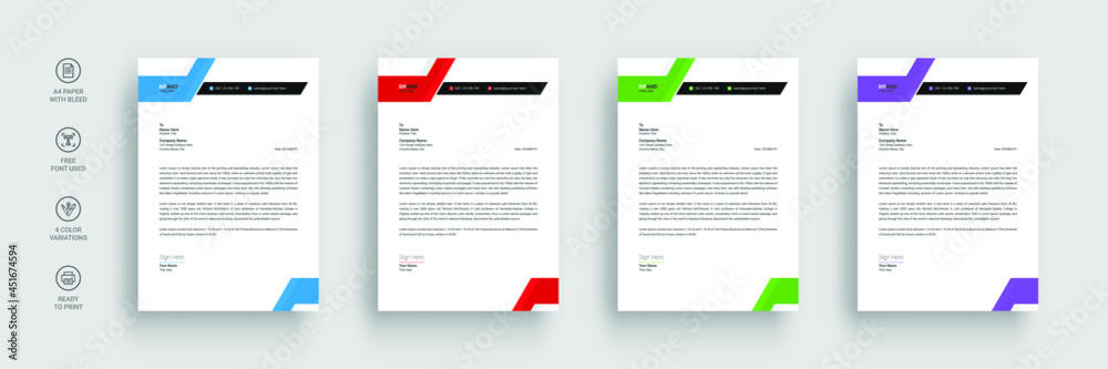 Business letterhead, Letterhead template with various colors, Letterhead template in flat style, Modern company letterhead template design