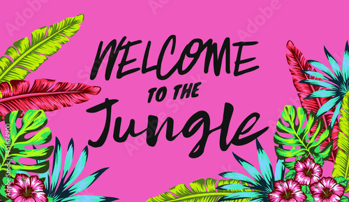 welcome to the jungle banner, vibrant palm leaf appliques and tropical plants, chlorophyll color and nouveau peach shade