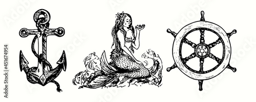 Anchor, mermaid sitting on rock and looking on shell in her hand, ship`s wheel. Ink black and white doodle drawing in woodcut outline style illustration