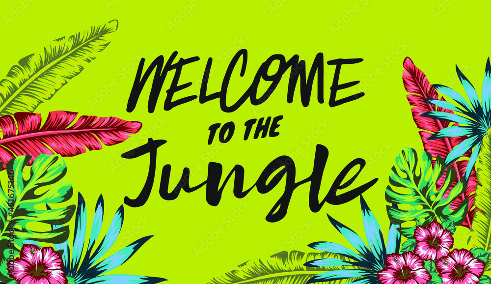 
welcome to the jungle banner, vibrant palm leaf appliques and tropical plants, chlorophyll color and nouveau peach shade
