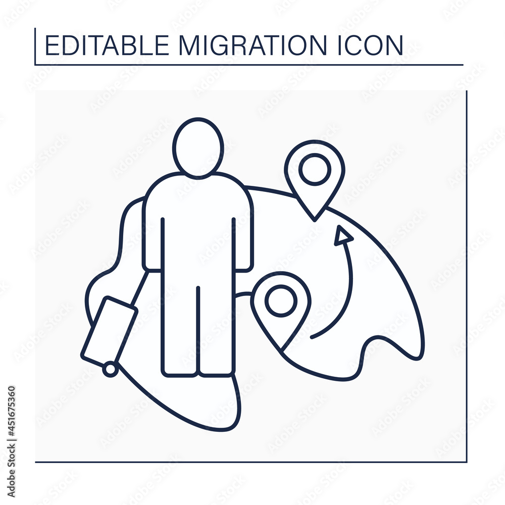Internal migration line icon.Domestic migration. Human movements within the country. Travel for training and economic improvement. Immigration concept. Isolated vector illustration. Editable stroke Internal migration line icon.Domestic migration. Human movements within the country. Travel for training and economic improvement. Immigration concept. Isolated vector illustration. Editable stroke