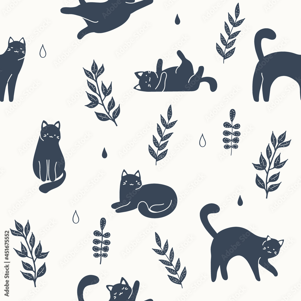Naklejka premium Seamless pattern with cats and leaves. Trendy scandinavian vector background. Perfect for kids apparel,fabric, textile, nursery decoration,wrapping paper.