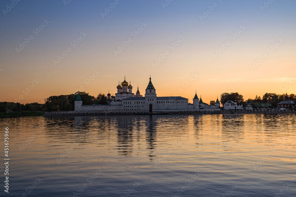 Ipatiev Monastery, 13th century. Gold ring of Russia. Kostroma, Russia. Russian evening summer landscape in nature at sunset.