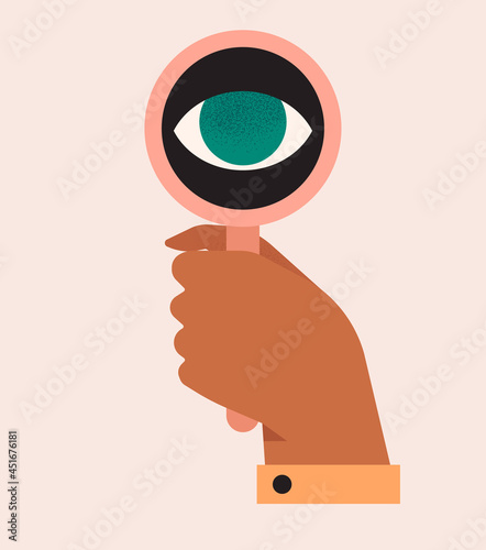 Hand holding magnifying glass, a big eye looking through a lens. Concept of search, research, view. Checking data or information, zooming, focusing. Isolated vector illustration