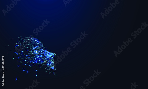 Artificial intelligence in humanoid head. AI with Digital Brain, big data, analysis information. Face of cyber mind. Technology background concept. Blue background, vector 3d. Digital polygonal low po