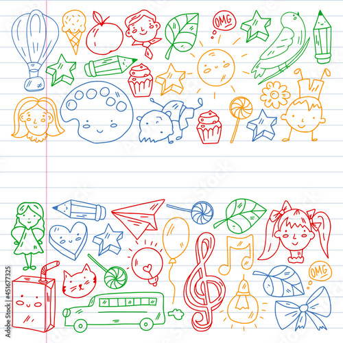 Kindergarten little children play at the park. Online education.